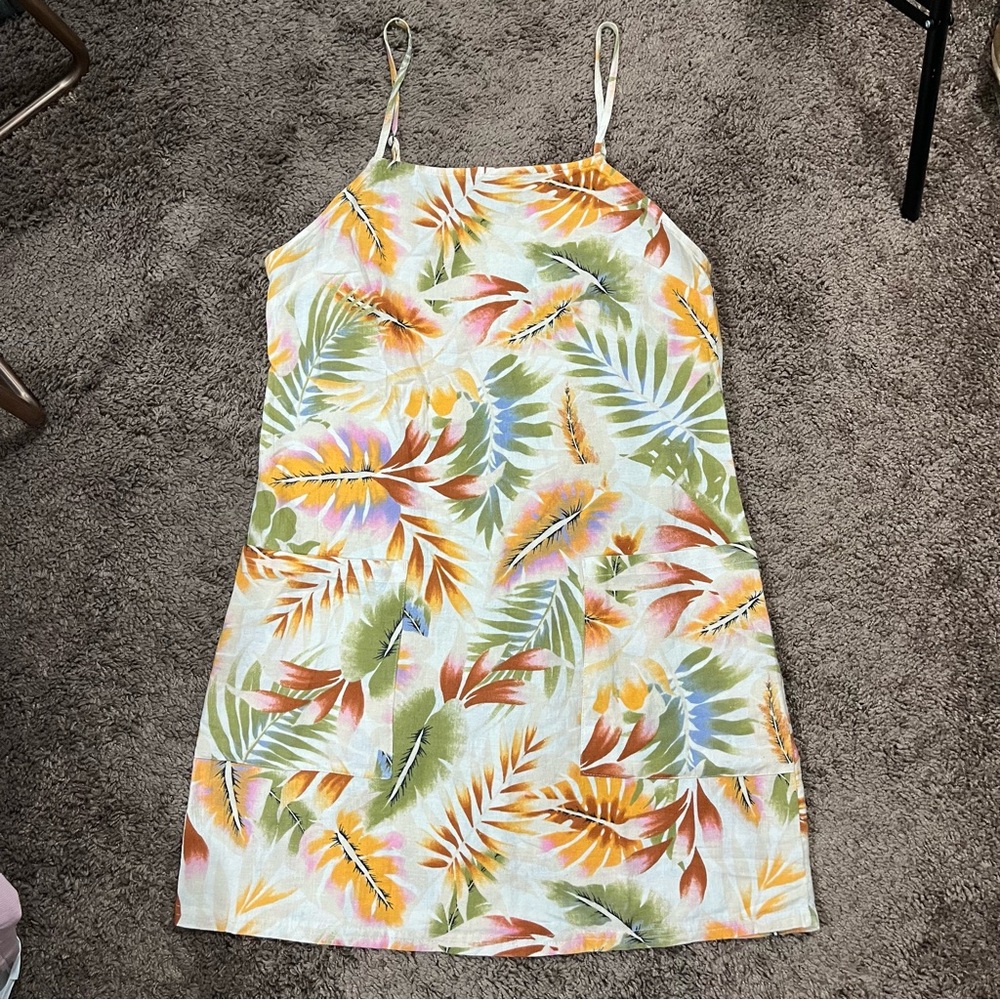 Billabong Dress Sun Summer Palm Leaf Print Pockets Boho Natural Light Medium
